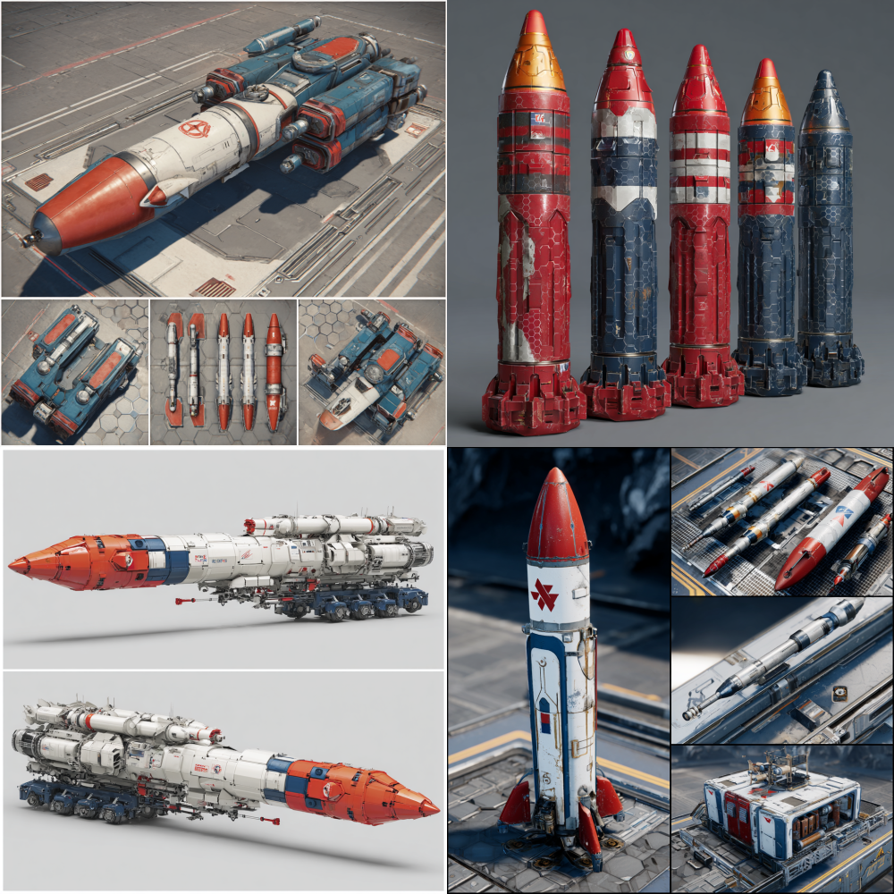 Secondary weapon: Free Shooter Intelligent Missile Array, Design inspiration: The style of dispersed guerrilla warfare of the Free Shooter . Function: Multi warhead missile separation system: Each mother missile can separate sub missiles and automatically lock onto different targets. Intelligent avoidance: using path prediction to bypass point defense systems. Bullet options: High explosive shells : to deal with light ships. Armor piercing incendiary bomb: aimed at armored targets. Electronic jamming bomb: disrupts enemy ship sensors. Appearance: The launch module adopts a honeycomb design, and the missile is painted in red, white, and blue (the colors of the French national flag), with a logo printed on the missile body.