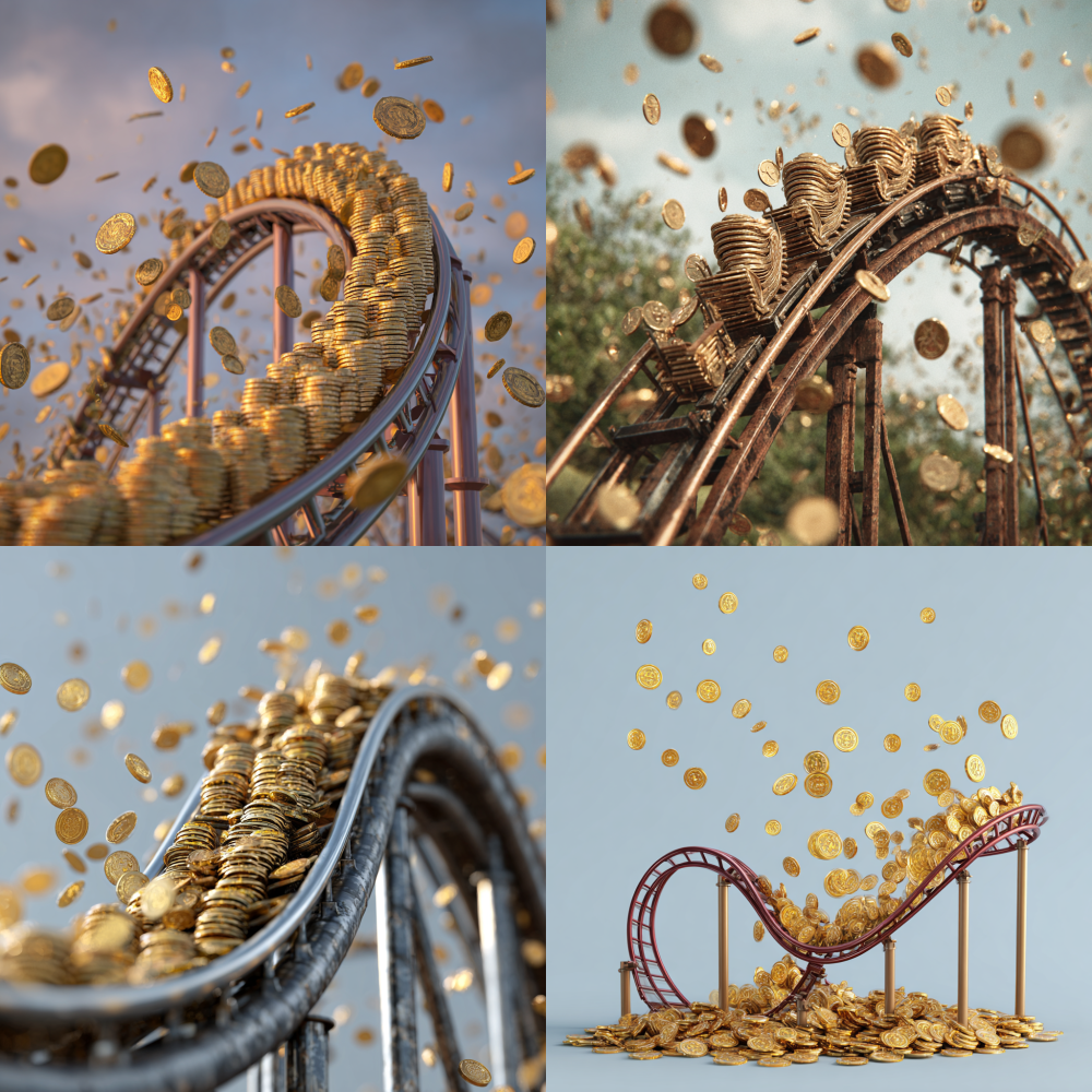 A roller coaster loaded with gold coins