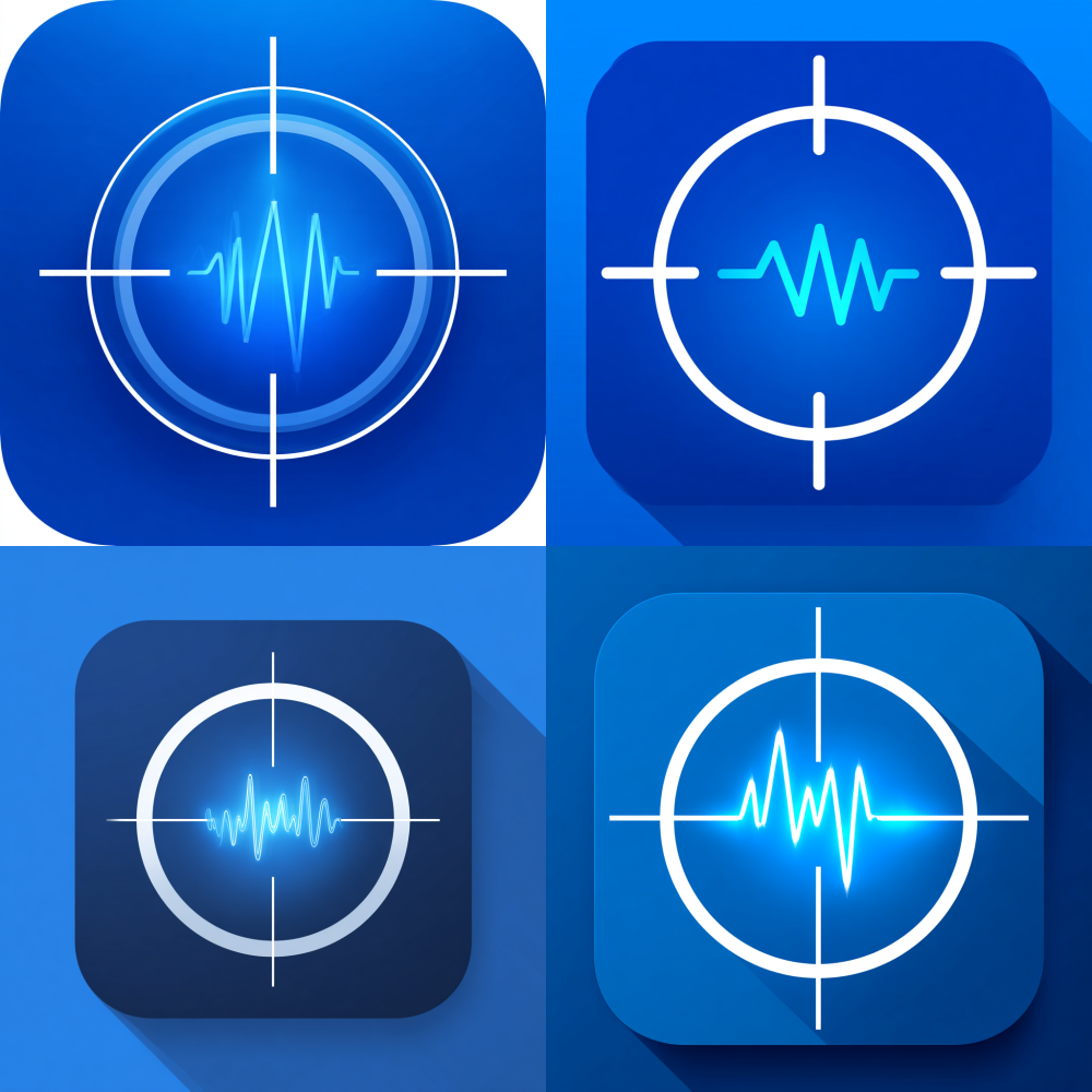 sleek app icon logo, featuring a striking target reticle with a pristine white center, set against a rich, deep blue backdrop. The reticle's lines are elegantly rendered in white. Within the luminous white center lies a dynamic blue waveform, embodying a minimalist aesthetic. Flat design, vector art, 2D, high contrast, and visually captivating. --no shadow, gradient, 3d, realistic details, noise, texture