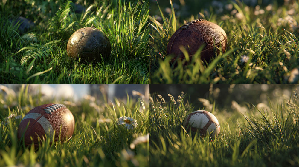 On the green grass, there is a football in the middle, with a realistic style, rich details, and enhanced materials   --ar 16:9
