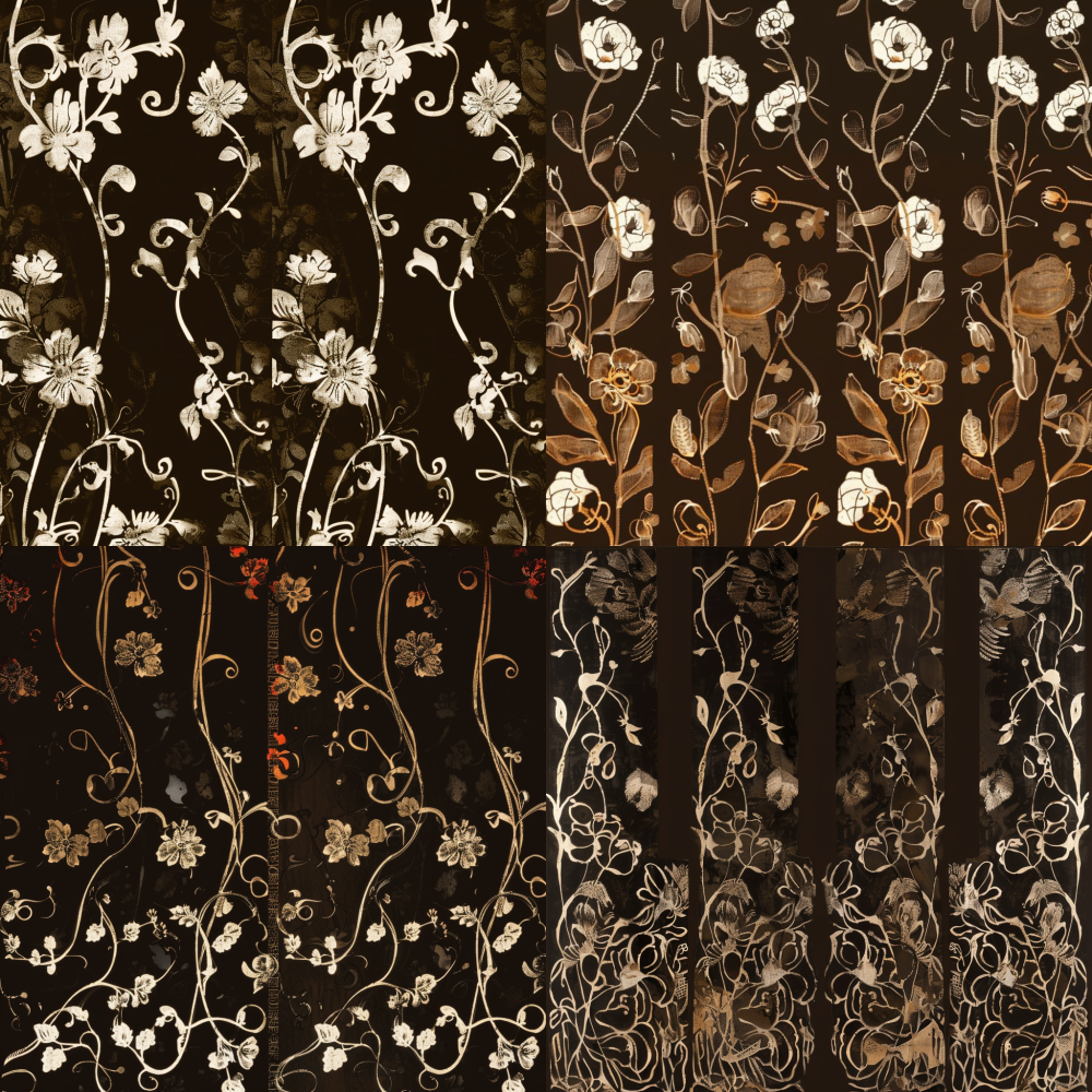 Abstract retro floral pattern, flat decorative painting style, dark brown background color, light gold pattern, dense bottom and sparse top < https://oc.superx.chat/img/1756916269021.jpeg > --v 6