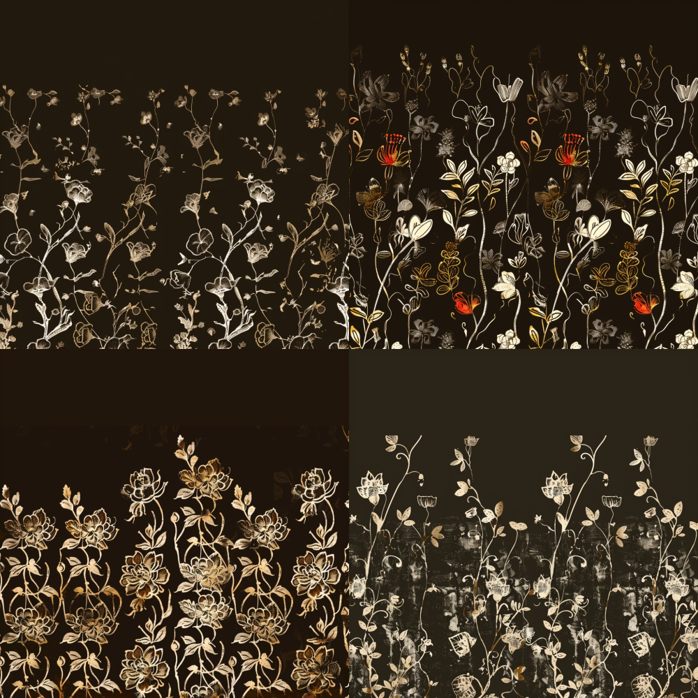 Abstract retro floral pattern, flat decorative painting style, dark brown background color, light gold pattern, dense bottom and sparse top < https://oc.superx.chat/img/1756916834805.jpeg > --v 6