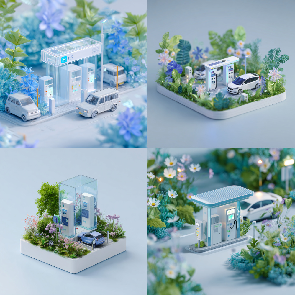 Generate a miniature scene of intelligent transportation, with intelligent parking devices, new energy vehicle charging stations, and intelligent bus dispatch devices in the center of the screen. Surrounded by green plants such as flowers and plants, the charging station is in a blue transparent gradient color, with a white base that is bright and artistic. It has a frosted glass texture, transparency, design style, ray tracing, a clean white background, reference and style, and uses a renderer to render and reduce details, “”“”3DC4DUIpinterestDribbleOCBlender16K  --ar 1:1
