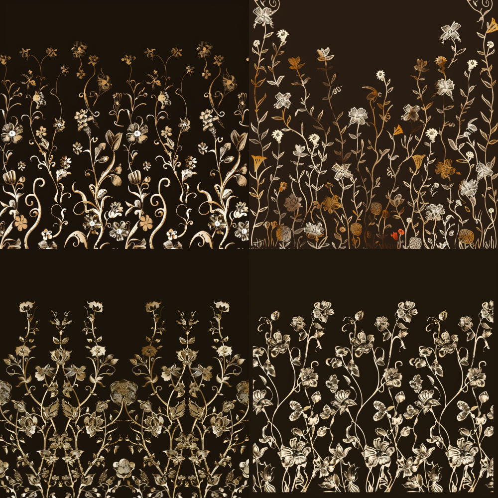Abstract retro floral pattern, flat decorative painting style, dark brown background color, light gold pattern, dense bottom and sparse top < https://oc.superx.chat/img/1756916180782.jpeg >   --v 6