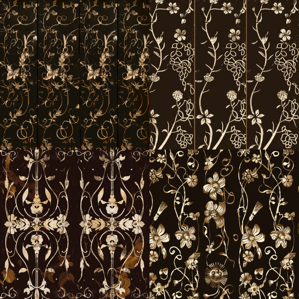Abstract retro floral pattern, flat decorative painting style, dark brown background color, light gold pattern, dense bottom and sparse top < https://oc.superx.chat/img/1756916725886.jpeg > --v 6
