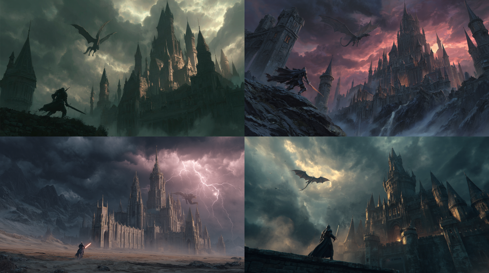 A dark medieval fantasy scene, a mighty stone castle under stormy skies, flying dragon circling above, skeletal knight in black armor wielding a glowing sword, charging toward a grand elven castle with tall spires, epic battle atmosphere, dramatic lighting, cinematic composition, highly detailed, dark fantasy art style
, --ar 16:9