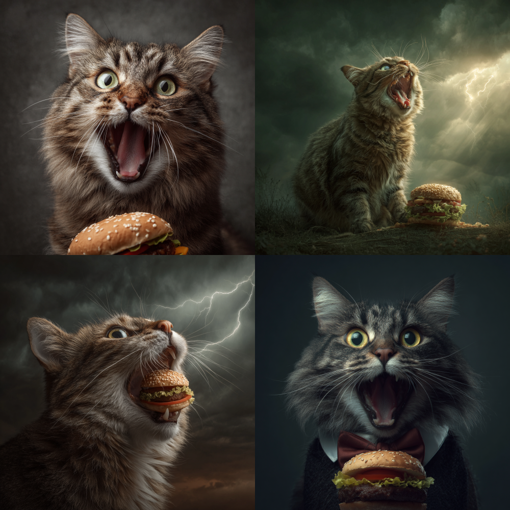 A very dramatic cat is eating a hamburger