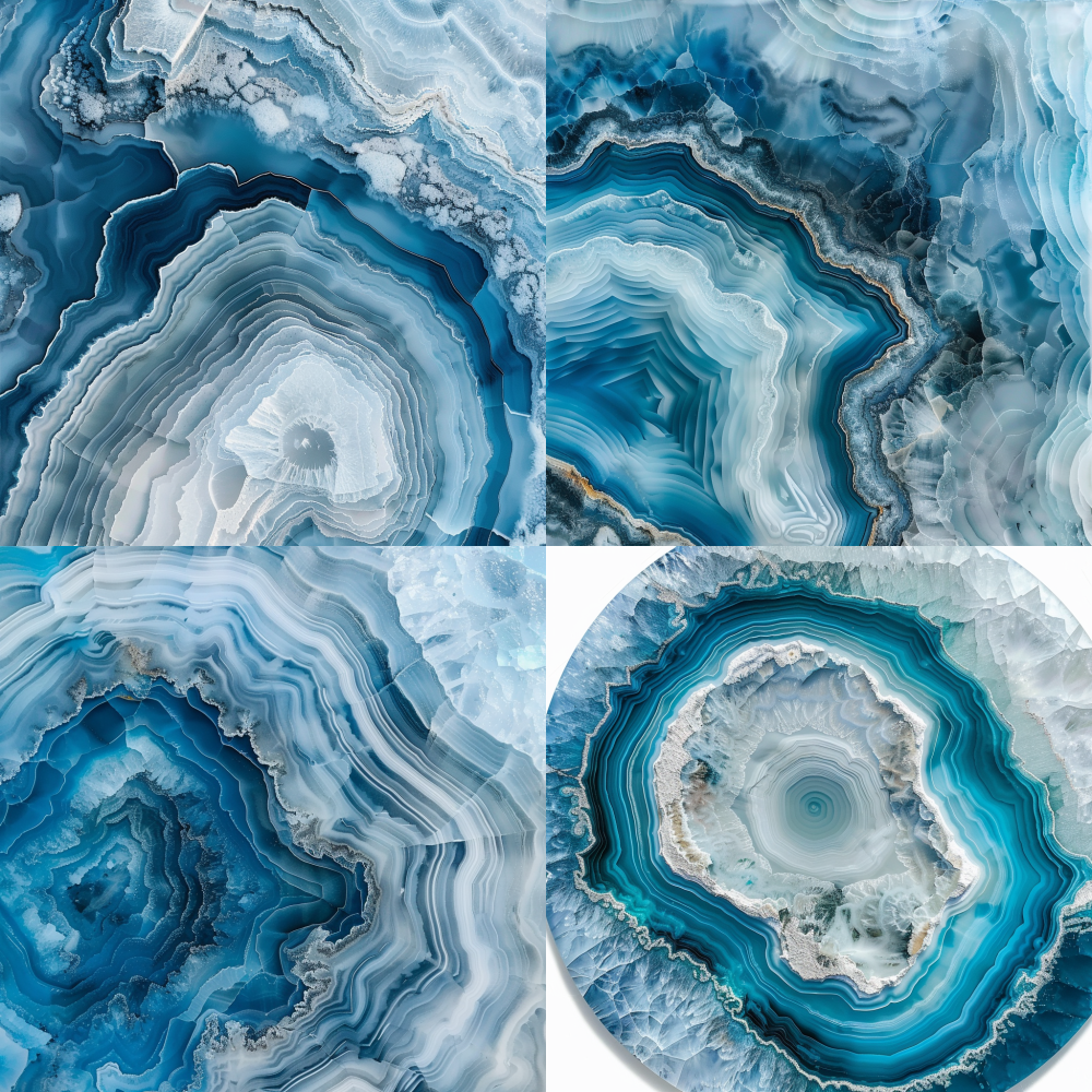 < https://oc.superx.chat/img/1757669174991.jpg > An enchanting bird's-eye perspective of an ice blue and white agate surface, showcasing intricate aquamarine and alabaster patterns. Ethereal layers of frost, reminiscent of delicate ice crystals, gracefully transition into shimmering water, cascading toward the center and forming mesmerizing blue and white ripples. This exquisite interplay of textures offers a captivating visual symphony that delights the senses. --v 6