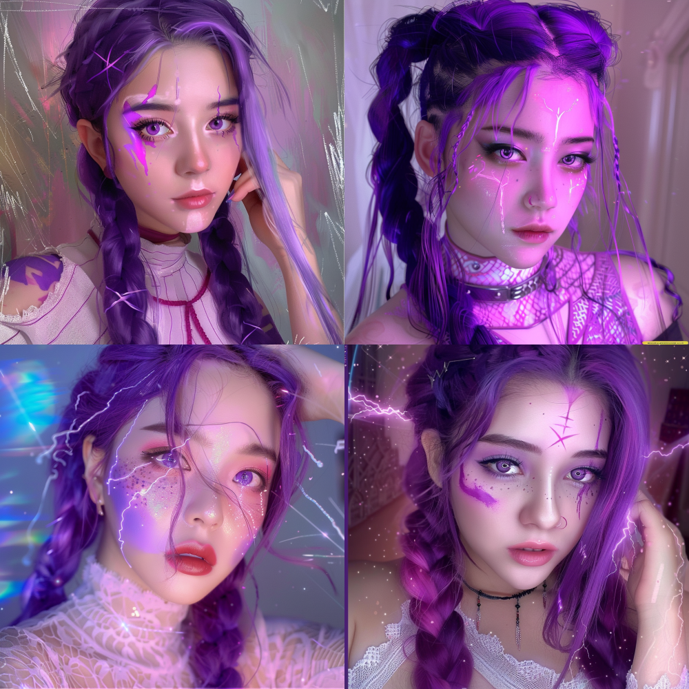 The role in. She has a makeup on her face, with lines of color on the left and lines of color on the right. And her hair is also purple. Please refer to the provided image and generate several identical images < https://oc.superx.chat/img/1757670142374.png > kpop demon hunters Rumi Magenta purple --v 6