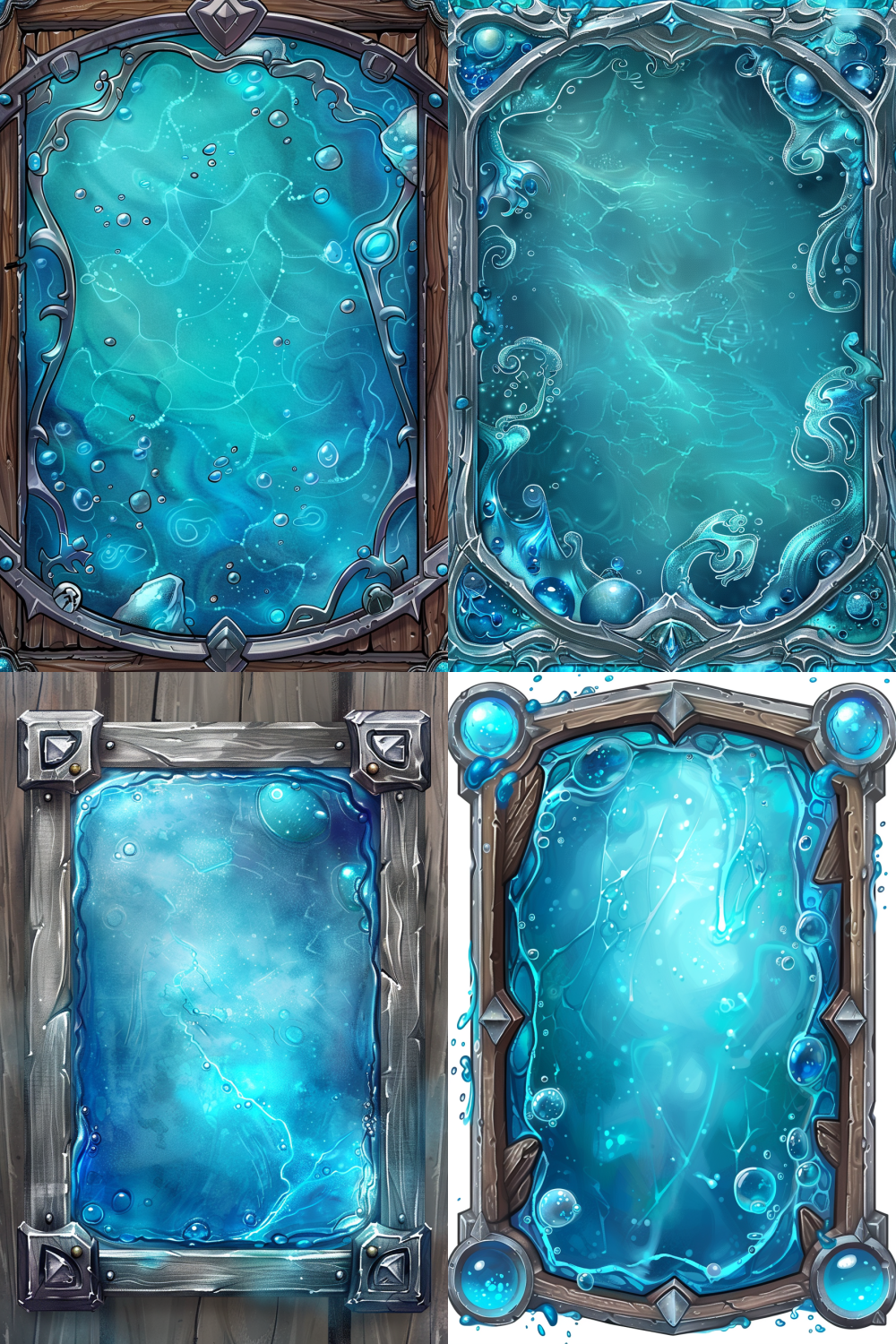 Hearthstone style card template, water element theme, cartoon art style, weathered wood frame with silver accents, cool blue and teal colors, gentle water droplets, soft magical shimmer, hand-painted watercolor style, friendly fantasy aesthetic, bubble effects, stylized non-realistic design, transparent background, no text, no icons  --ar 2:3  --v 6