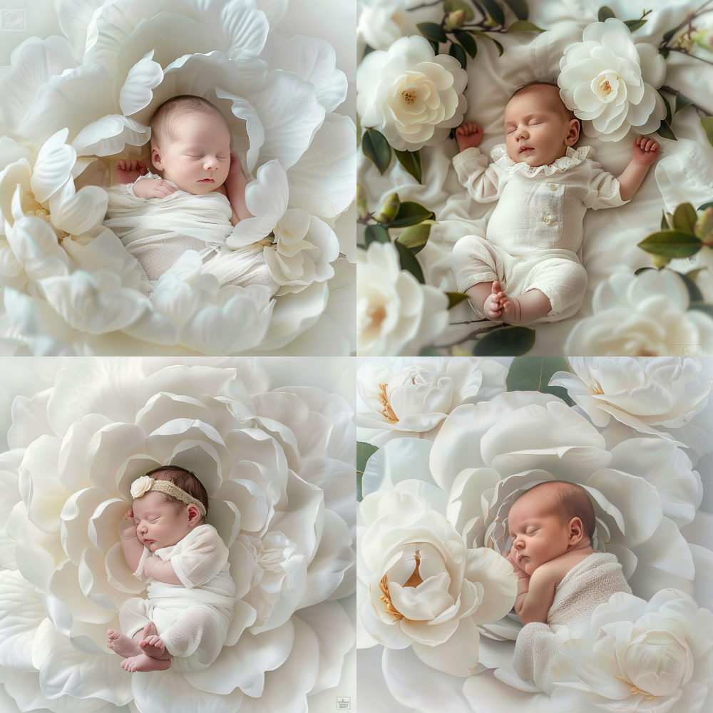 A cute baby lies in the middle of a large white camellia, with thin white petals that appear somewhat transparent < https://oc.superx.chat/img/1757613718401.jpg >  --v 6