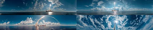 Blue sky and white clouds, clear weather, bright sunshine, ultra wide angle perspective. An artificial satellite is being launched into the sky by a rocket. The rocket has just been launched, and the launch base can be seen on the vast and boundless sea surface. The rocket and satellite are arranged in a continuous and upward pattern in the middle  色彩高饱和并且鲜艳明亮     --ar 5:1    --style raw