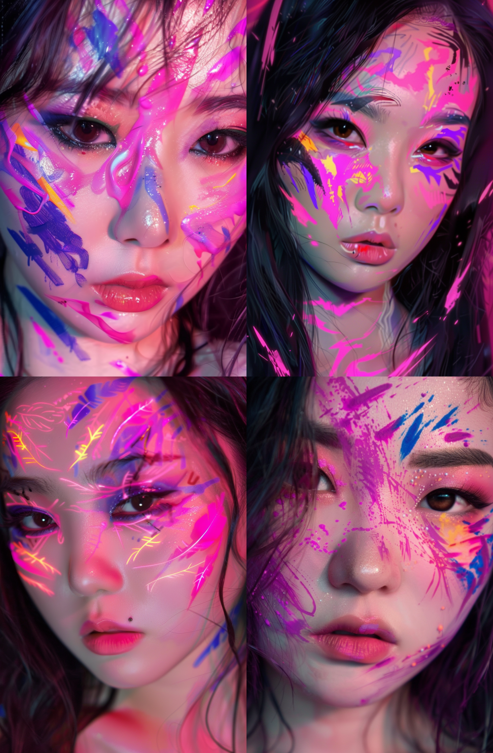 < https://oc.superx.chat/img/1757669563615.png >  a photo of an asian girl with pink and purple makeup, her face painted in colorful lines that resemble the design of the kowloon walled city. the colors flow across her cheeks like paint, creating patterns reminiscent of graffiti art. her eyes sparkle with energy as she gazes directly at the viewer from under her long black hair. she has delicate features and wears eyeliner, adding to her mysterious allure. this portrait captures the viewer's feelings in vivid detail, in the style of the artist.  --ar 47:72 --v 6