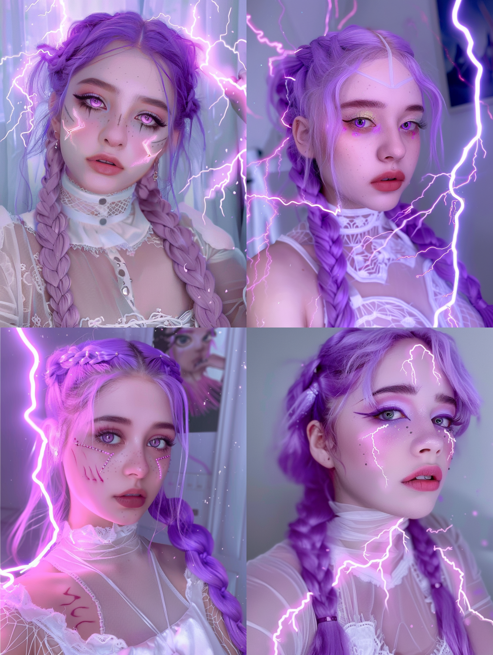 < https://oc.superx.chat/img/1757669419712.png > a pale woman with purple hair, wearing a white top and makeup in the style of the pastel goth aesthetic. the soft lighting highlights her cute face, and her makeup is painted like lightning bolts on her skin. her long braid has light pink neon lines. this appears to be a phone photo, likely an instagram profile picture. --ar 3:4 --v 6