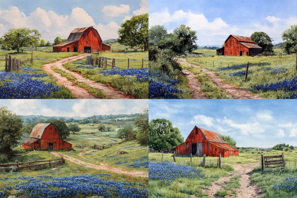 a watercolor painting of an old red barn surrounded by bluebonnets in the texas countryside, with detailed and vibrant colors. the scene includes wooden fences, dirt roads, and green fields with scattered trees. --ar 127:85