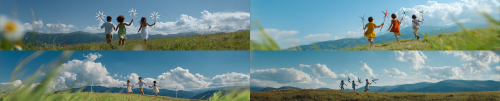 Close up shots of three children holding toy windmills happily running on a green hillside with blue skies and white clouds. The clear weather creates a plateau, grassland, and high mountains with blurred camera depth. The focus of the shot is on the children, creating a beautiful cinematic scene            --ar 5:1    --style raw