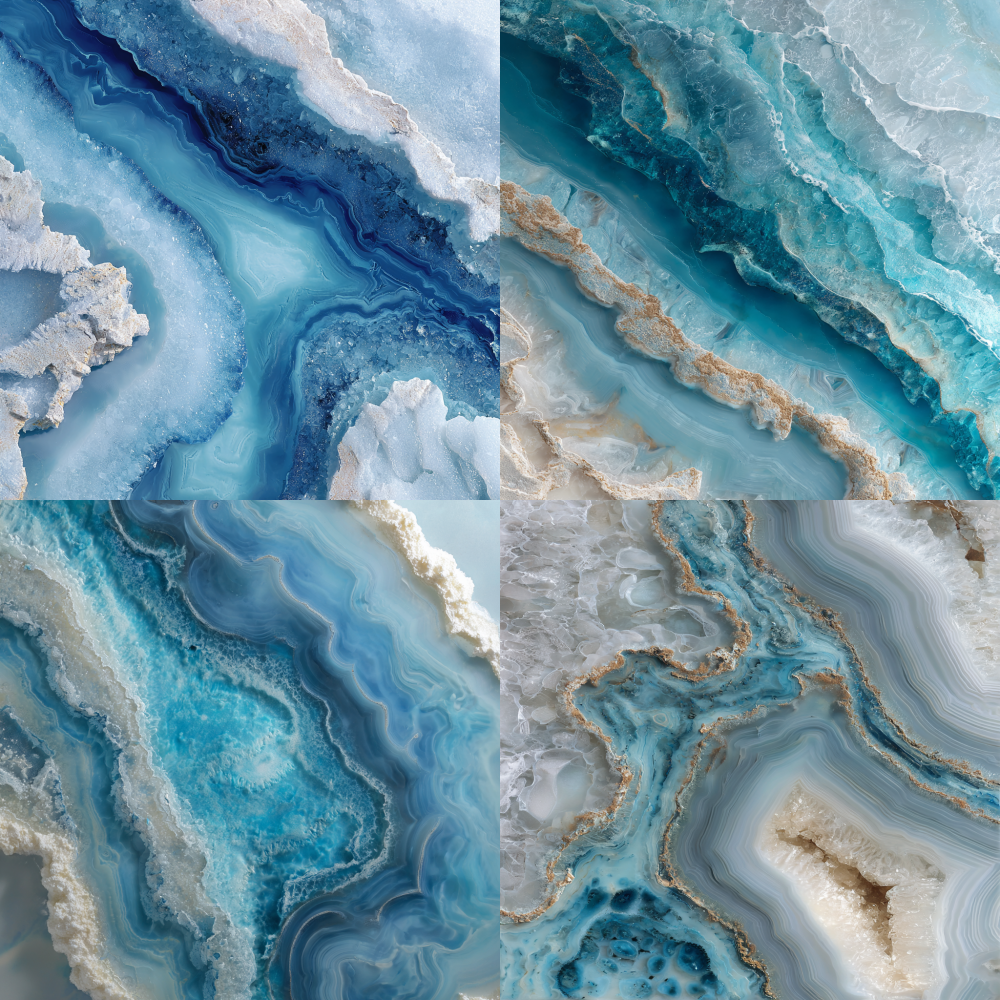 A breathtaking bird's-eye view showcases the mesmerizing ice blue and pristine white agate surface, adorned with intricate aquamarine and ivory patterns. Delicate layers of frost-like ice gently transition into crystalline water, gracefully flowing towards the center and forming enchanting blue and white water motifs. This exquisite interplay of textures delivers a captivating visual symphony, inviting the observer into a realm of serene beauty.