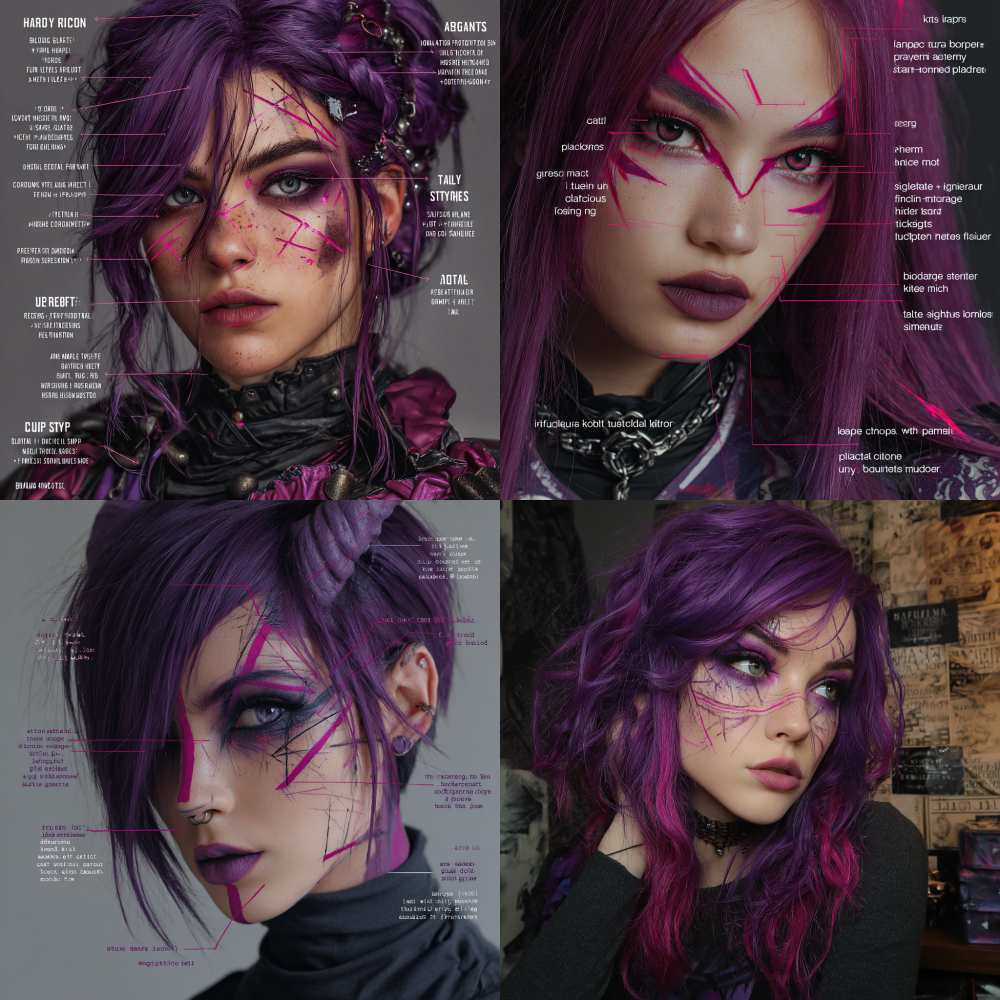 "Purple-haired character with asymmetrical face paint, magenta lines on left side, purple lines on right side, kpop style makeup, demon hunter aesthetic"
