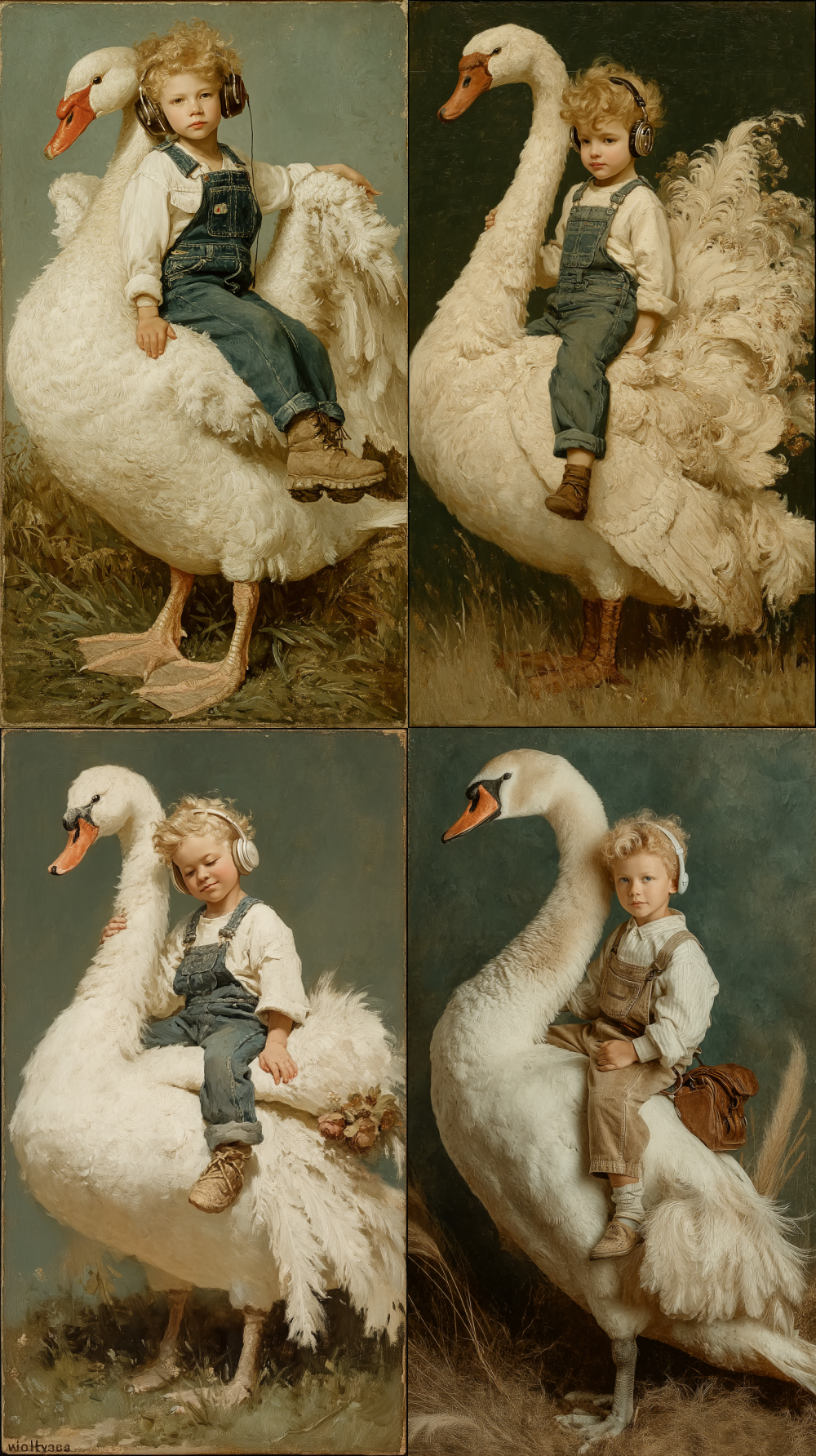 A little boy of about two or three years old, with light brown hair, was sitting on the back of a large and exquisitely detailed swan. This little boy is black. He was wearing a pair of headphones, a pair of light-colored denim overalls and a white top inside. The overalls are classic in style and comfortable to wear. He looked smug and focused, staring straight at the viewer. He sat relaxed and contentedly on the back of the white swan. This white swan has a striking white coat with intricate patterns on its feathers, each one depicted in meticulous detail. The white swan stood steadily, bearing the weight of the little boy. The background is a depth-of-field scene with contrasting colors. The composition of the picture centers around a little boy and a white swan, with a soft focus effect in the background, creating a warm and pleasant atmosphere. The soft light highlights the texture of the clothes, hair and feathers. The overall style is similar to an oil portrait, with delicate brushstrokes visible in the background. Behind the white swan is a patch of greenish grassland, adding a touch of faint natural charm to the scene. The overall atmosphere is both fun and peaceful, with a touch of gentle dreaminess. This image captures a charming moment between a child and an animal. The colors are simple yet bright, and the focus on the main part is very clear. The overall style is realistic and lifelike, with rich details. --q 5 --s 750 --style raw --ar 9:16