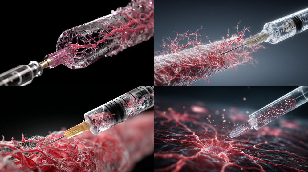 3D medical visualization, macro view: A realistic syringe injecting a viscous, clear hydrogel into a tissue engineering scaffold mimicking damaged skin. Beneath the surface, an intricate and vibrant network of red neovascularization is visible. Scientific accuracy, high detail, volumetric lighting, 4k --ar 16:9