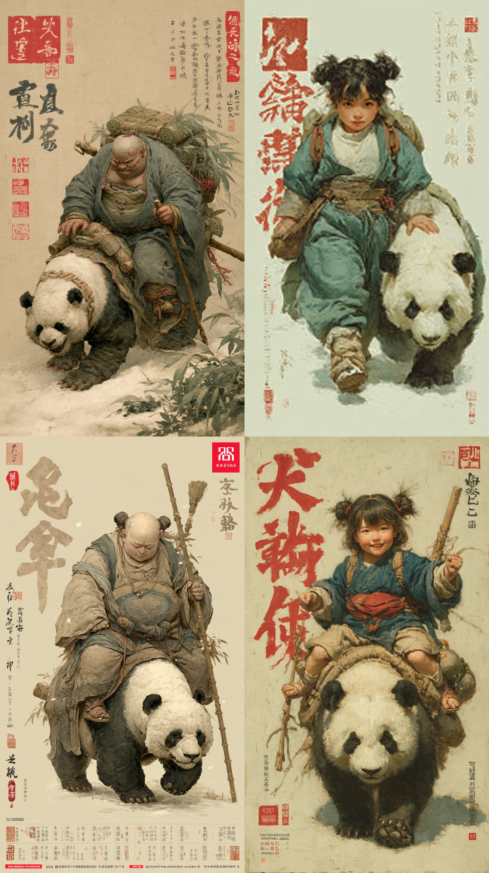 A Chinese ink-wash painting depicts a chubby Asian girl with black hair tied in two buns, dressed in ancient coarse linen clothes, riding a giant panda and walking on the snow. It is very imposing and extremely detailed.  --q 5  --s 750  --style raw  --v 7  --ar 9:16