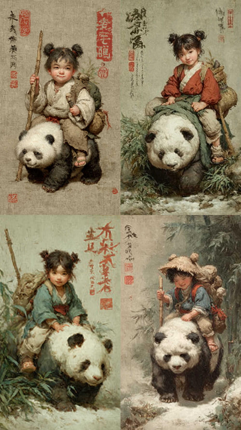 A Chinese ink-wash painting depicts a cute and charming Asian girl with black hair tied in two buns, dressed in coarse linen clothes, riding a giant panda and walking on the snow. It is very imposing and extremely detailed. --q 5  --s 750  --style raw  --v 7  --ar 9:16