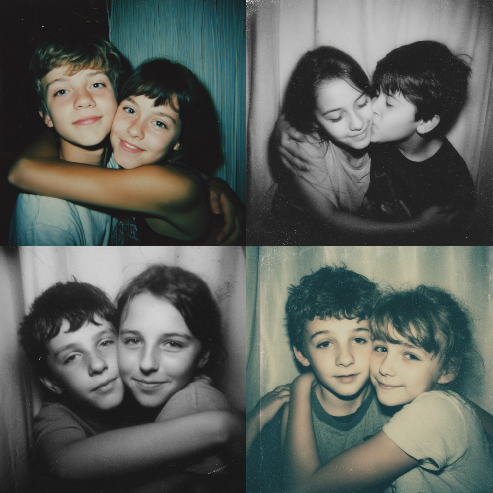 Help me generate images: The command is: This will help me generate images taken with a Polaroid camera. There is no clear subject or tool for photography. To look like a casual snapshot taken by chance. The photo should have a slight shaking sensation, and the illumination from the camera flash in the dark should spread throughout the entire photo. The boy hugged the girl with the same expression as in the picture, with the girl's height up to the boy's mouth, in the required proportion in the photo. Don't change your face, don't change your male and female appearance, don't change, don't change. Replace the background behind the two with white curtains. 16:9