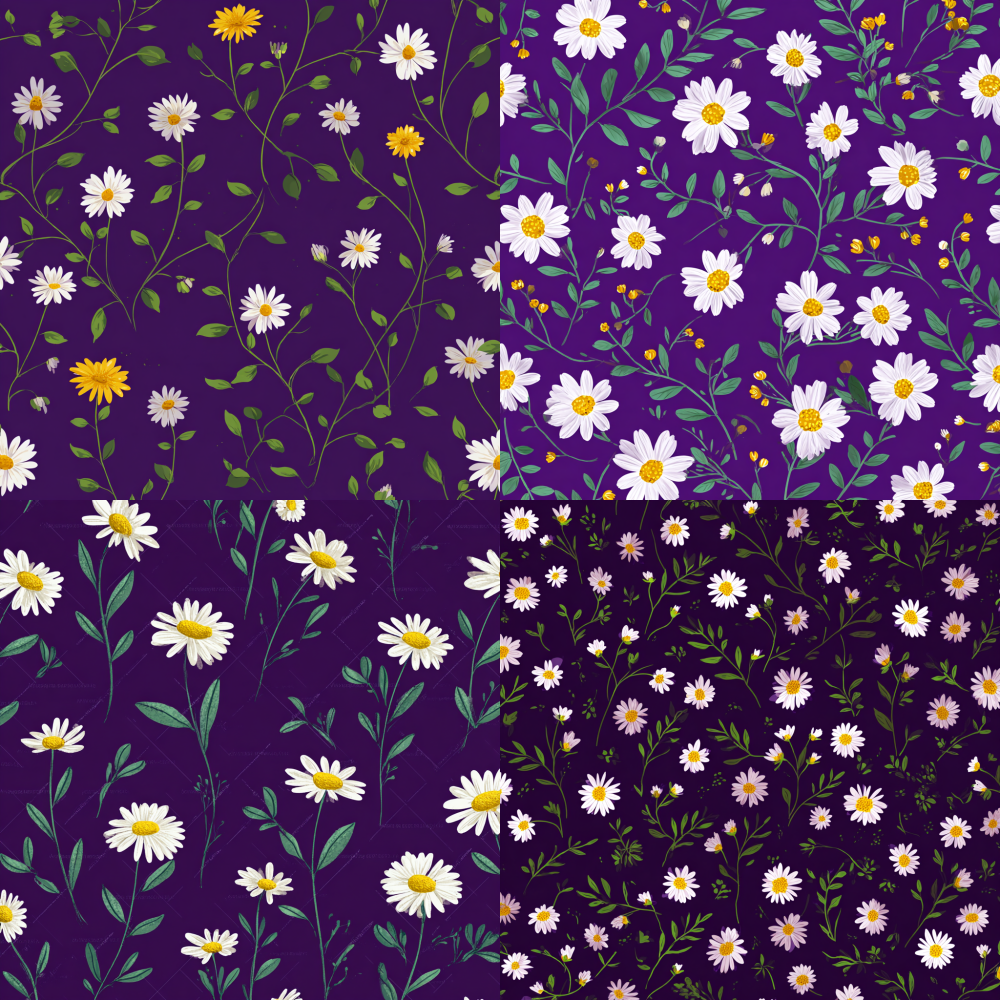 charming daisy motif, elegant flat illustration, rich purple backdrop, delicate details, vibrant white and yellow blossoms, lush green foliage, graceful lines, minimalist aesthetic, whimsical children's drawing, enchanting wallpaper design, delightful cartoon style, seamless repeating pattern, high-resolution, stunning clarity