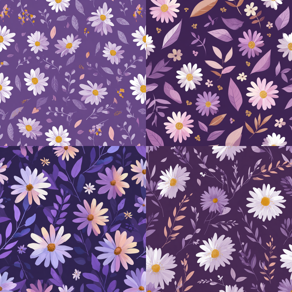 charming vector daisies and delicate leaves gracefully arranged on a rich purple backdrop, featuring soft pastel hues, minimalist shapes, and an endearing cartoon aesthetic, forming an enchanting seamless pattern.