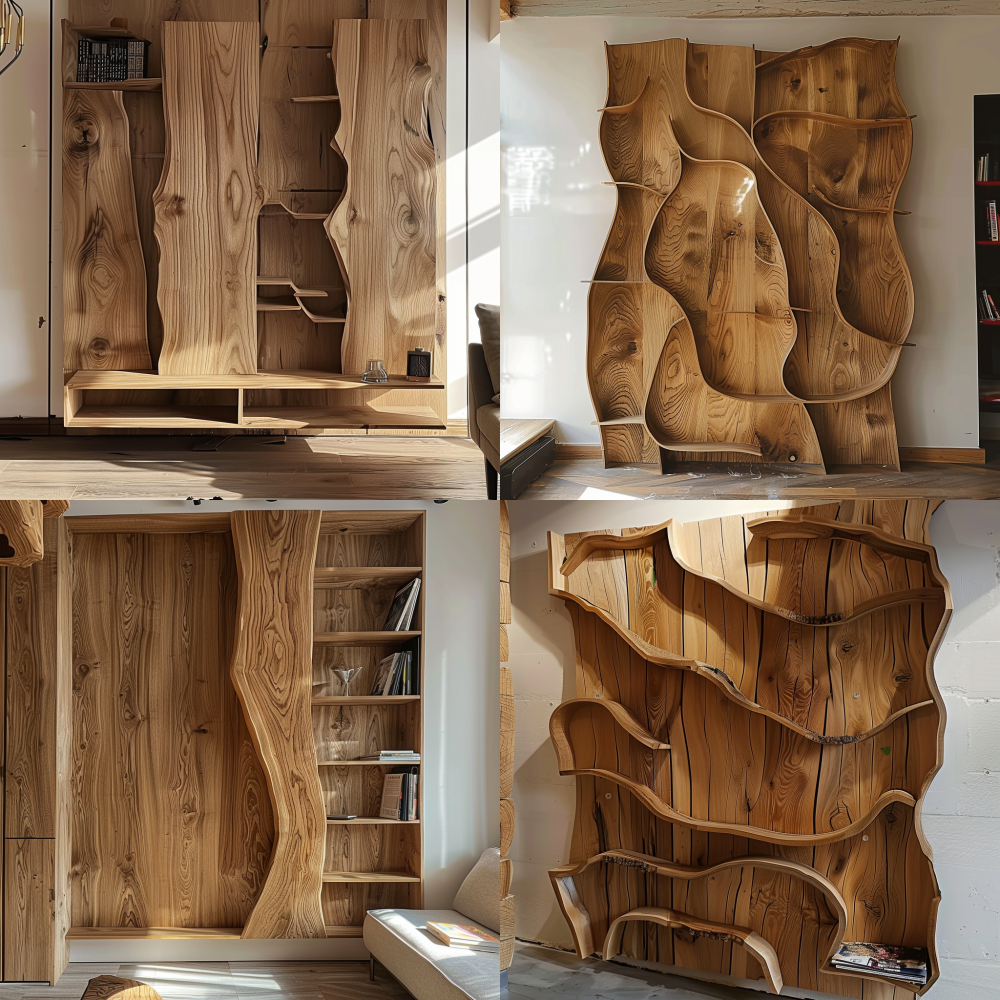 Decorative wooden boards and shelves are separate, just as a combination Generate a similar irregular solid wood wall decoration panel, with a solid wood irregular straight partition shelf underneath, which can hold some cans and books < https://oc.superx.chat/img/1758539139687.png > --v 6