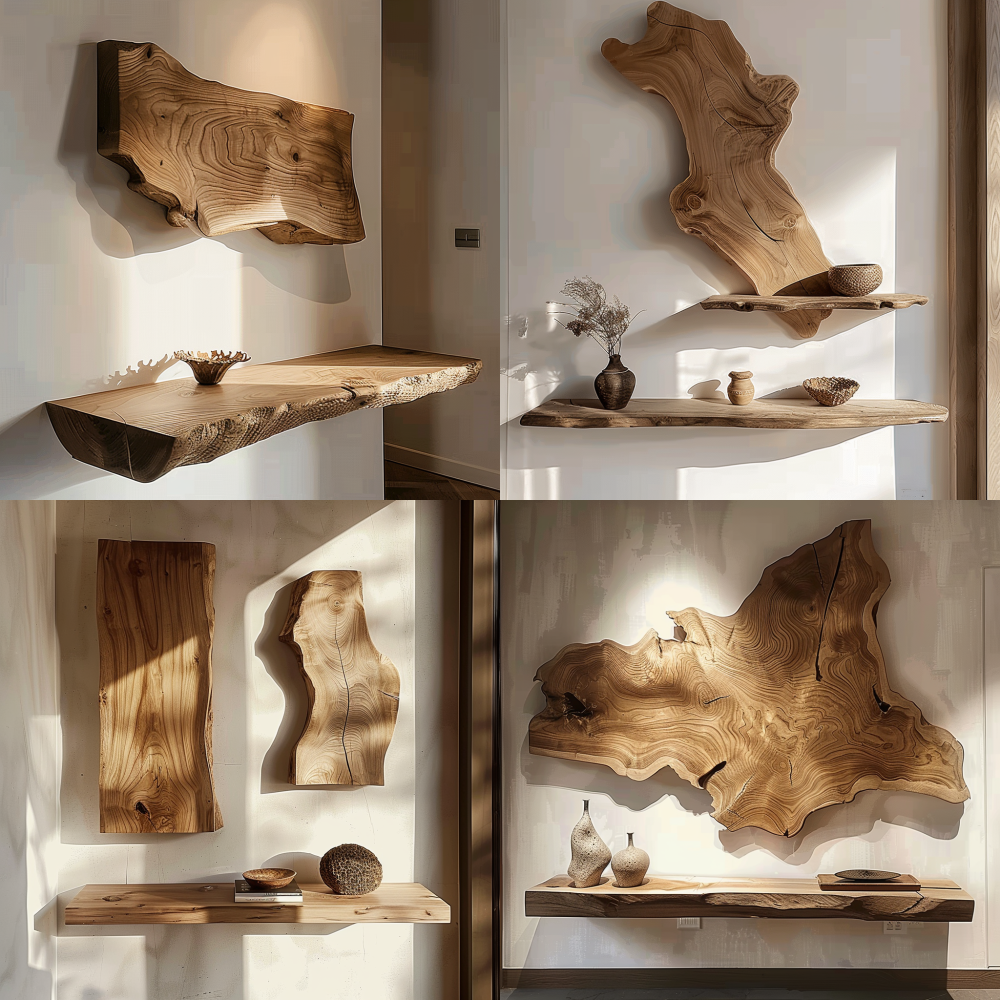 Generate a combination of an irregular decorative wooden board and an irregular solid wood shelf, both installed on the wall with sunlight < https://oc.superx.chat/img/1758539267437.png >  --v 6