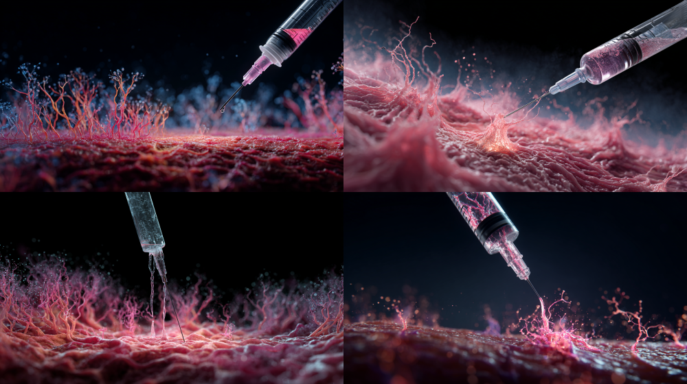 A stunning 3D medical visualization, macro perspective: A lifelike syringe gracefully injecting a translucent, viscous hydrogel into a skin lesion. Below the application site, an intricate tapestry of vibrant red and pink neovascularization thrives. Set against a dramatic dark background, showcasing exceptional detail, scientific precision, and ethereal volumetric lighting, 4k --ar 16:9