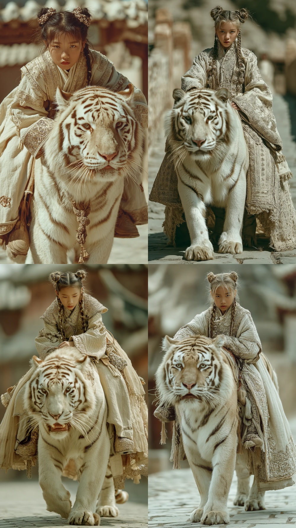 Commercial portrait photography, a masterpiece by a master, with a digital art style. A chubby Asian girl dressed in ancient coarse linen clothes is riding a big tiger and walking on the stone-paved road of an ancient city, looking very imposing. The girl has two buns in her hair. The high-precision texture of the clothes and the realistic skin touch. The background is a blurry yellowish-green color, with depth of field, low saturation, and a retro film texture. A serene atmosphere, minimalist style, long shots, and telephoto lens shooting. --q 5  --s 750  --style raw  --v 7  --ar 9:16