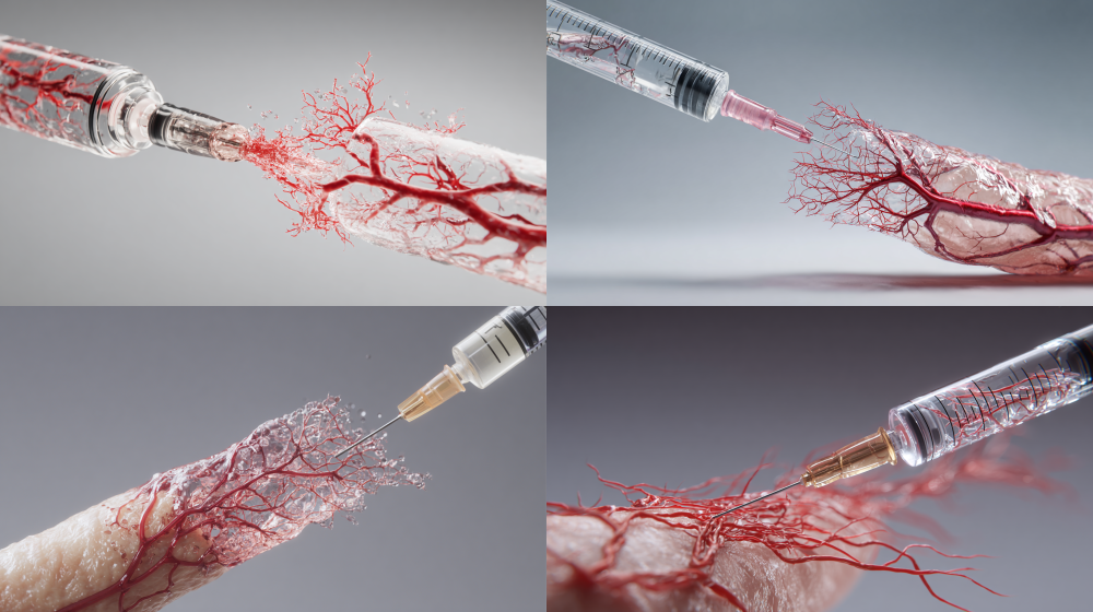 A highly detailed macro photograph of a medical demonstration: A syringe injecting transparent hydrogel into a realistic skin model with a superficial lesion. A cross-section view reveals a complex network of red capillary vessels forming beneath the application site. Isolated on a neutral gray background, photorealistic, sharp focus, 4k, studio lighting --ar 16:9 --style raw