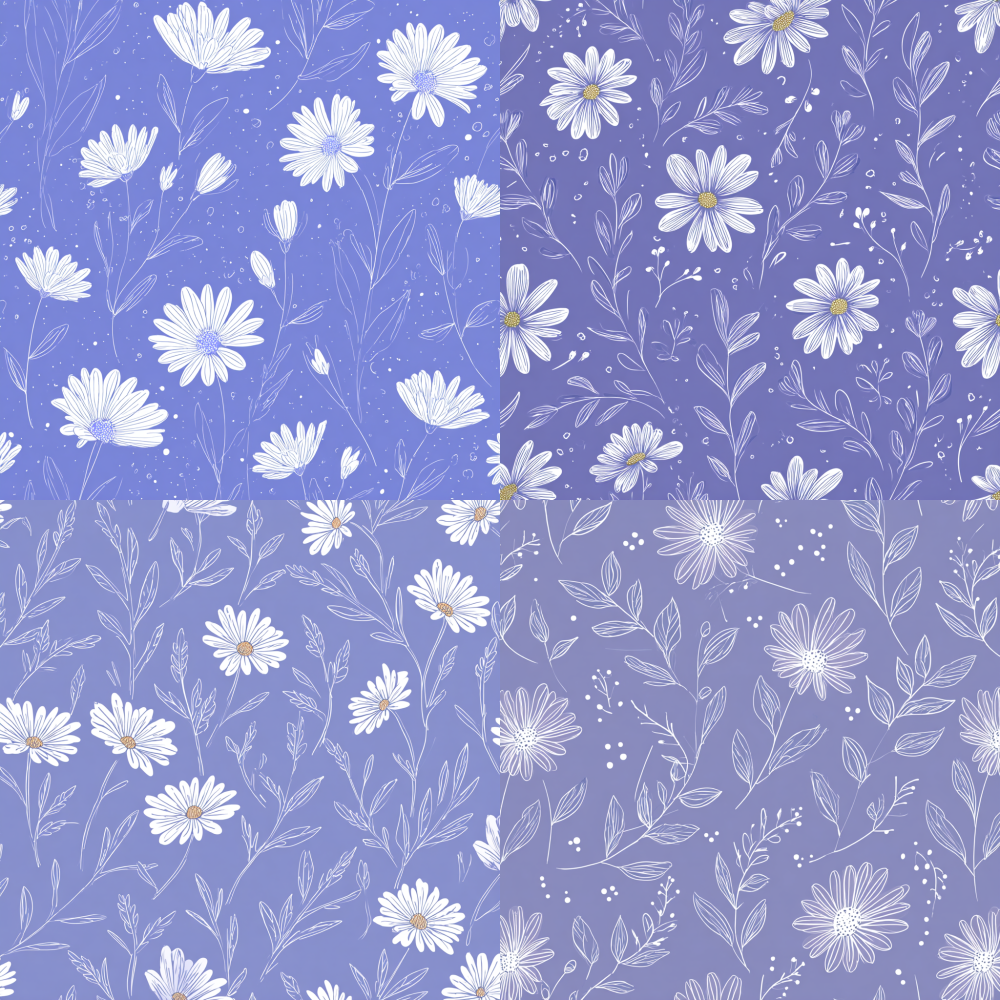 whimsical daisies and lush leaves seamless pattern, charming flat illustration with delicate white outlines, serene purple background, playful aesthetic, hand-drawn textures, elegant minimalism, vector artistry, white blossoms gracefully set against a tranquil blue backdrop.