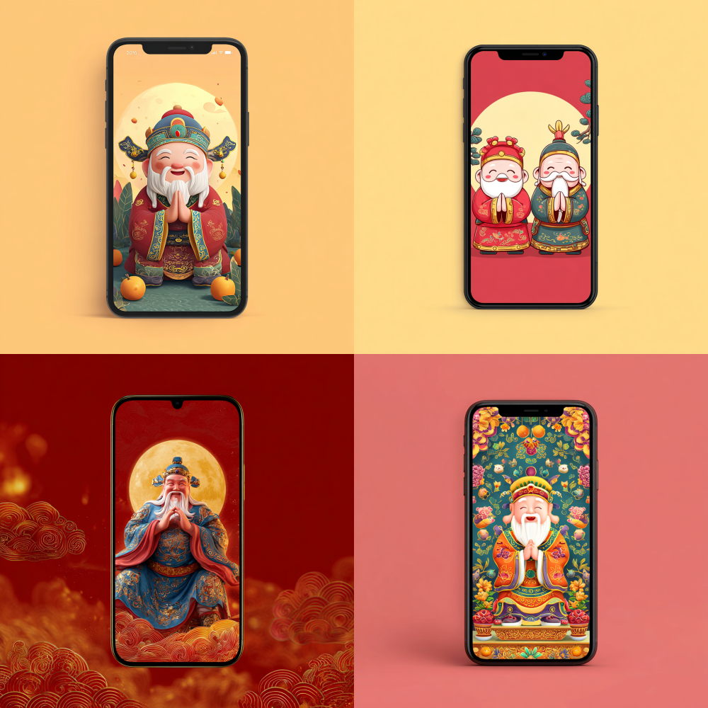 Please generate a wallpaper with the screen size of a mobile phone, featuring the images of China's God of Wealth and Moon Elder, with a festive and friendly style, praying for blessings and overcoming small people 
