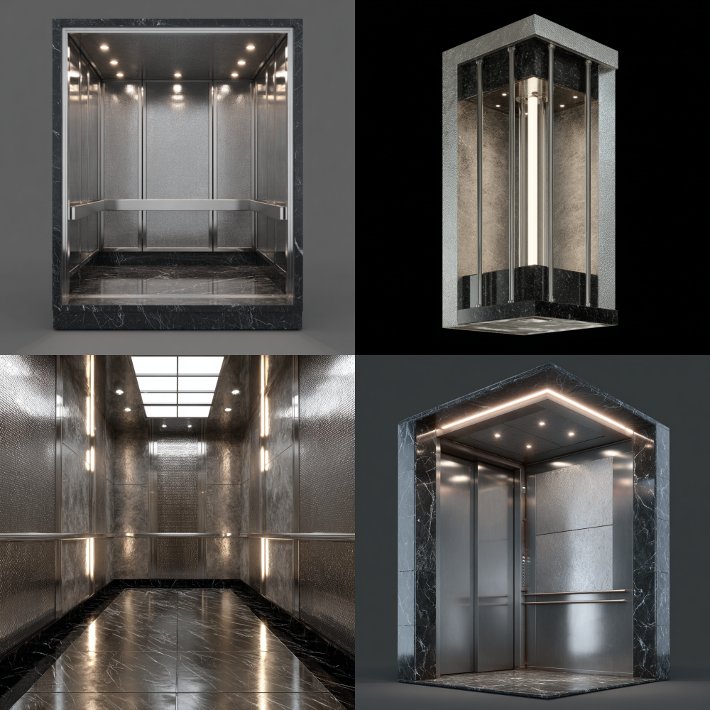 Design an elevator car with a front view, top made of textured stainless steel material, four corner tube lights, front made of textured stainless steel, two sides made of textured stainless steel, and bottom made of black marble 