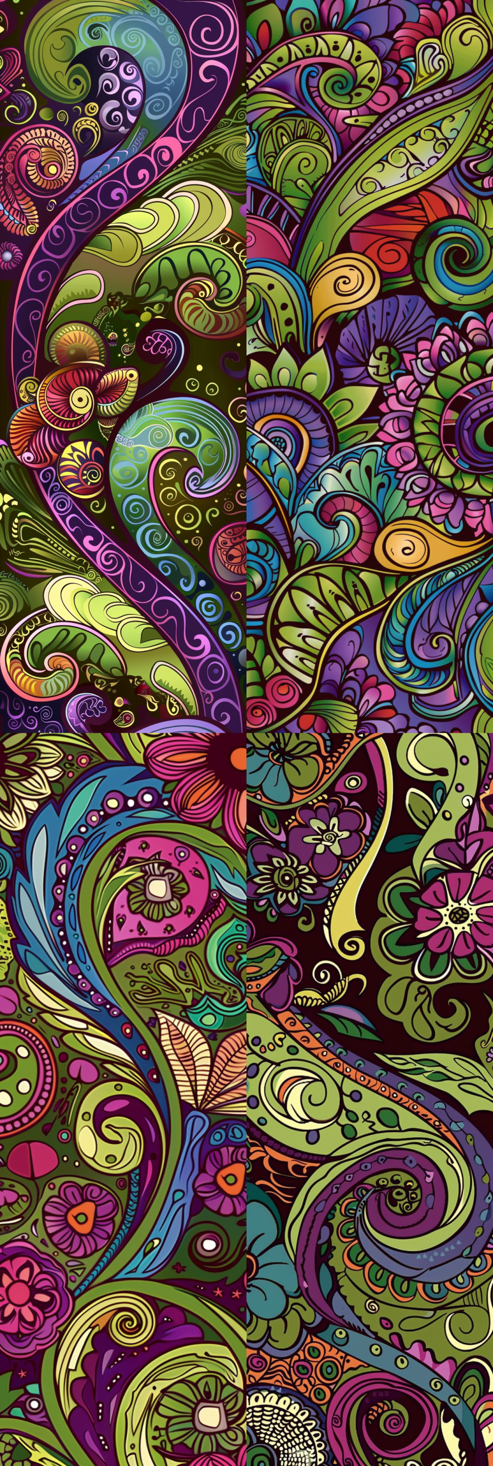< https://oc.superx.chat/img/1758962854593.jpg >  a vibrant pattern of swirls and flowers in shades of green, purple, blue, and pink, with a bohemian style for phone background wallpaper. the design includes large swirling patterns resembling paisley or zentangle designs, filled with various colors like lime greens, magenta, sky blues, and lavender, against an abstract geometric backdrop. there is space at the top to add text, and it's designed as vector art. this colorful, detailed pattern would fit well on mobile screens.  --ar 1:3 --v 6