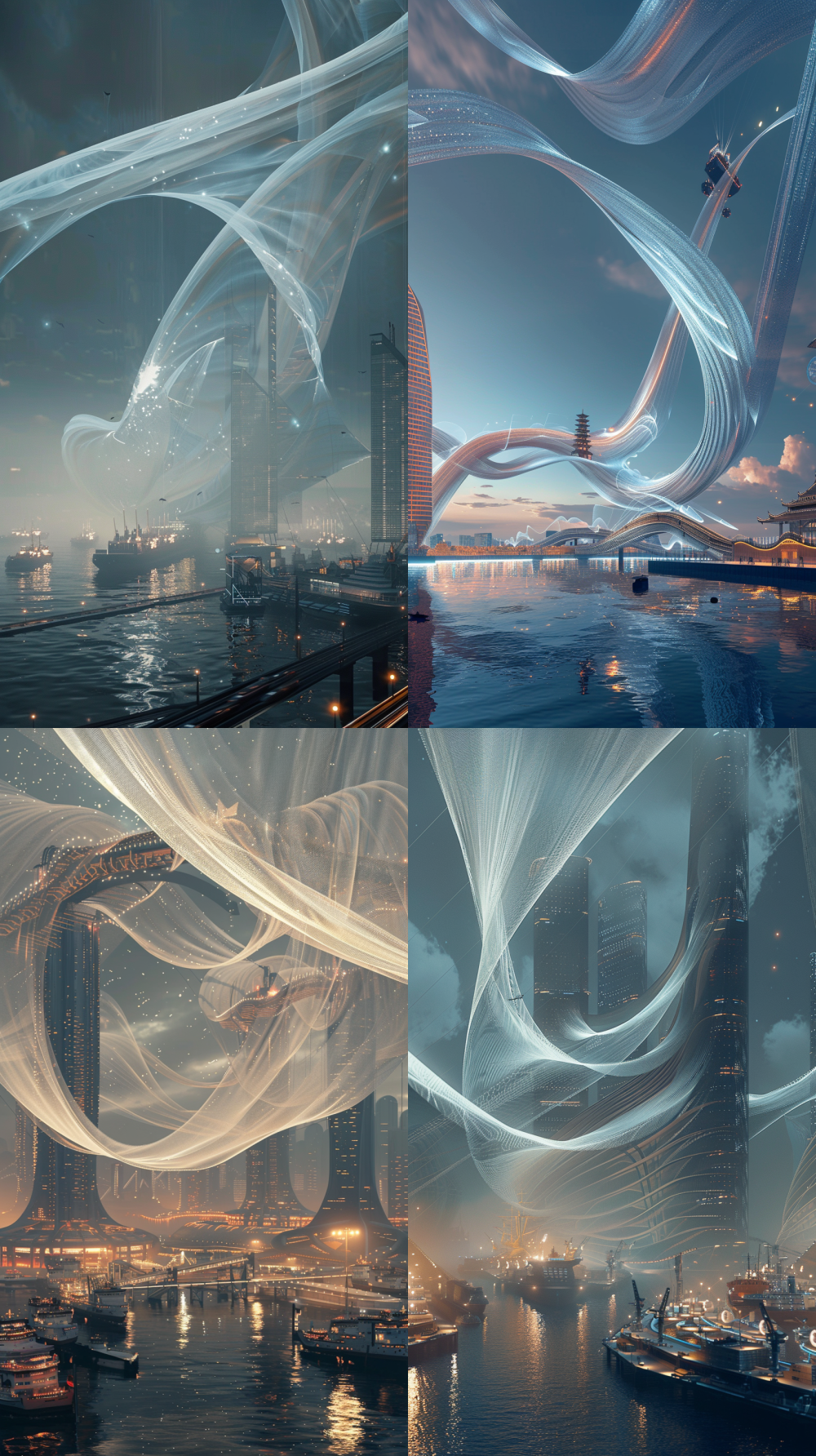 A futuristic vertical composition of Ningbo seaport at night, inspired by the Maritime Silk Road. A large, soft-flowing S-shaped ribbon of fabric floats across the sky — not realistic silk but textured and artistic, with warm white and ivory tones. The harbor architecture merges Song Dynasty flying eaves with streamlined futuristic forms. Massive suspended cargo ships dock at the smart wharf, surrounded by robotic arms, magnetic rail systems, and ambient data holograms. The sea below is rendered in shimmering particle flow. High sense of depth and elegance, poetic atmosphere, warm lighting, no humans, no drones, no kites. Focus on fabric, harbor, and future-tech tension. –ar 9:16 –style raw –v 6