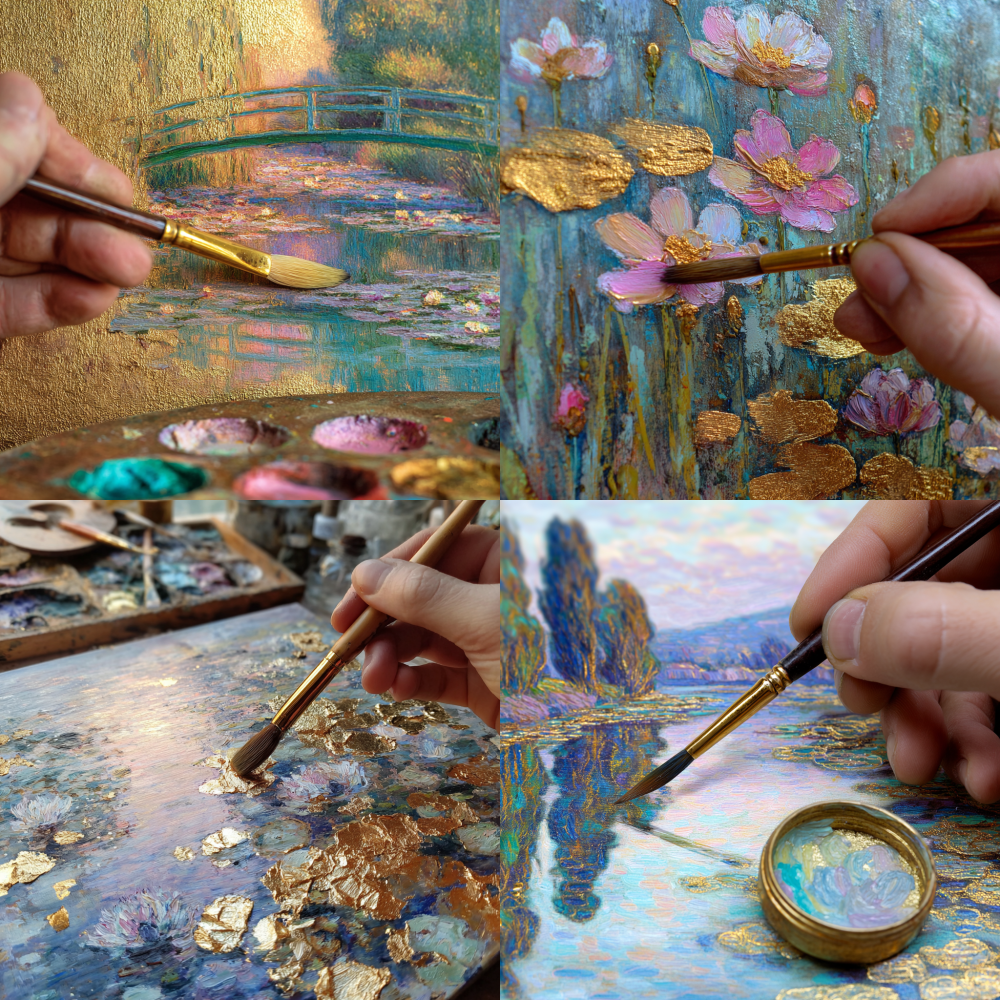 Color the reference image directly, keep the original image still, oil painting style, Monet style, transparent glass texture, gold foil pigment embellishment 