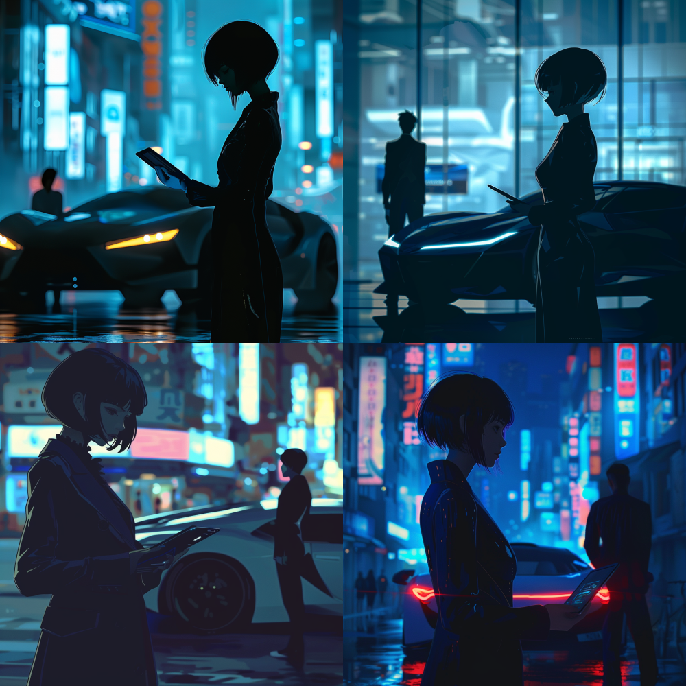 Japanese anime style  The silhouette of a woman with sharp short hair and a tall figure, dressed in a sharp blue and black suit, holding a tablet computer in her hand. She turned her head slightly and stared at the person behind her with cold eyes. In front of her was a concept running car parkedHyper qualityFull Length Shot  --v 6