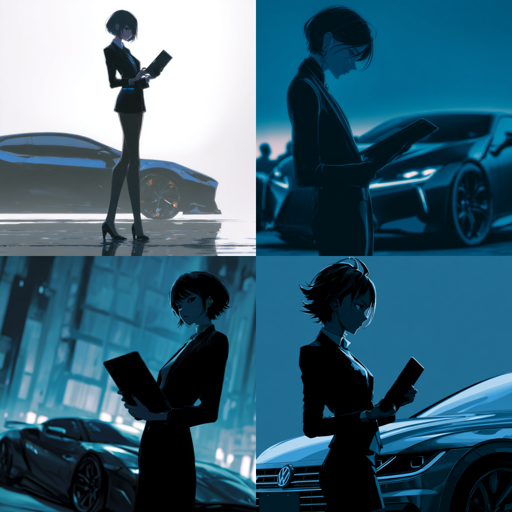 She is the only one in the scene Japanese anime style  The silhouette of a woman with sharp short hair and a tall figure, dressed in a sharp blue and black suit, holding a tablet computer in her hand. She turned her head slightly and stared at the person behind her with cold eyes. In front of her was a concept running car parkedHyper qualityFull Length Shot