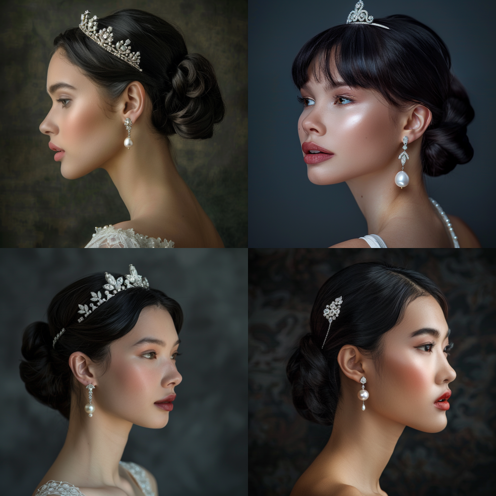photograph of an elegant and beautiful woman of European Caucasian descent with a little touch of asian feeling, ambiguous ethnicity, in her late 20s.  She has black hair and natural white skin. Her lips are natural color, not to red but good health feeling. She wears a single exquisite Akoya pearl earring and a delicate diamond tiara. Soft, dramatic studio lighting, Rembrandt lighting, against a rich, dark charcoal grey background. She has a confident and sharp jawline.   Her profile shows elegance. Shot with a Hasselblad medium format camera, 85mm lens, hyper-detailed, sharp focus on the jewellery, cinematic, sense of high luxury and credibility.    --style raw    --ar 1:1    --v 6.0