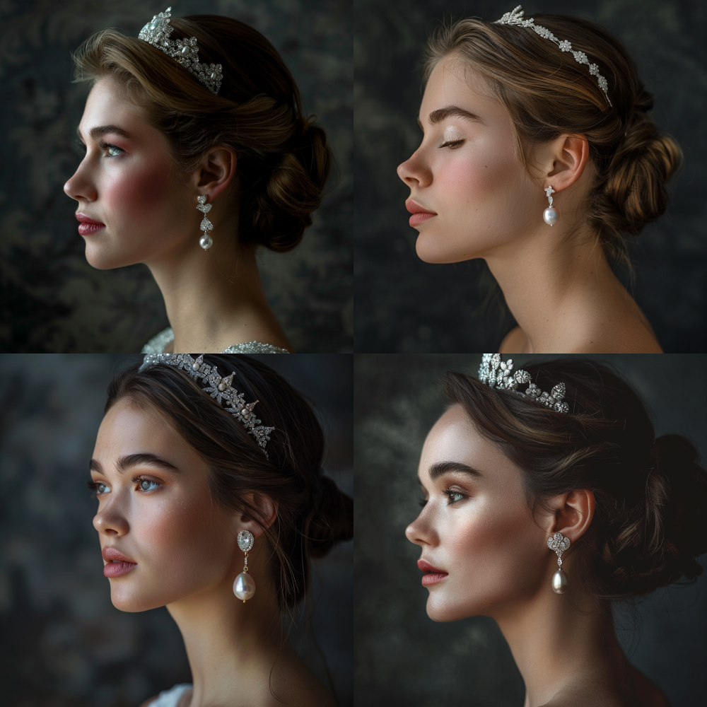 photograph of an elegant and beautiful woman of European Caucasian descent with a little touch of asian feeling, ambiguous ethnicity, in her late 20s. She wears a single exquisite Akoya pearl earring and a delicate diamond tiara. Soft, studio lighting, Rembrandt lighting, against a rich, dark charcoal grey background. She has a confident and sharp jawline. Her profile shows elegance. Shot with a Hasselblad medium format camera, 85mm lens, hyper-detailed, a spotlight focus on the jewellery, cinematic, sense of high luxury and credibility. Her lips and blush color are natural and healthy. --style raw --ar 1:1 --v 6.0 --seed 3621813892