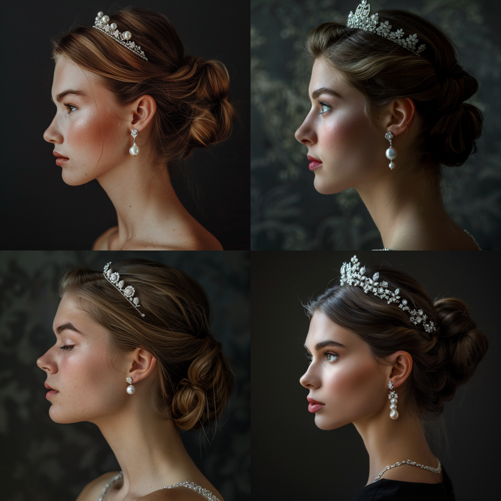 photograph of an elegant and beautiful woman of European Caucasian descent with a little touch of asian feeling, ambiguous ethnicity, in her late 20s. She wears a single exquisite Akoya pearl earring and a delicate diamond tiara. Soft, studio lighting, Rembrandt lighting, against a rich, dark charcoal grey background. She has a confident and sharp jawline.   Her profile shows elegance.  Shot with a Hasselblad medium format camera, 85mm lens, hyper-detailed, a spotlight focus on the jewellery, cinematic, sense of high luxury and credibility. She has no blush and didn’t use lip stick.      --style raw      --ar 1:1      --v 6.0      --seed 3621813892