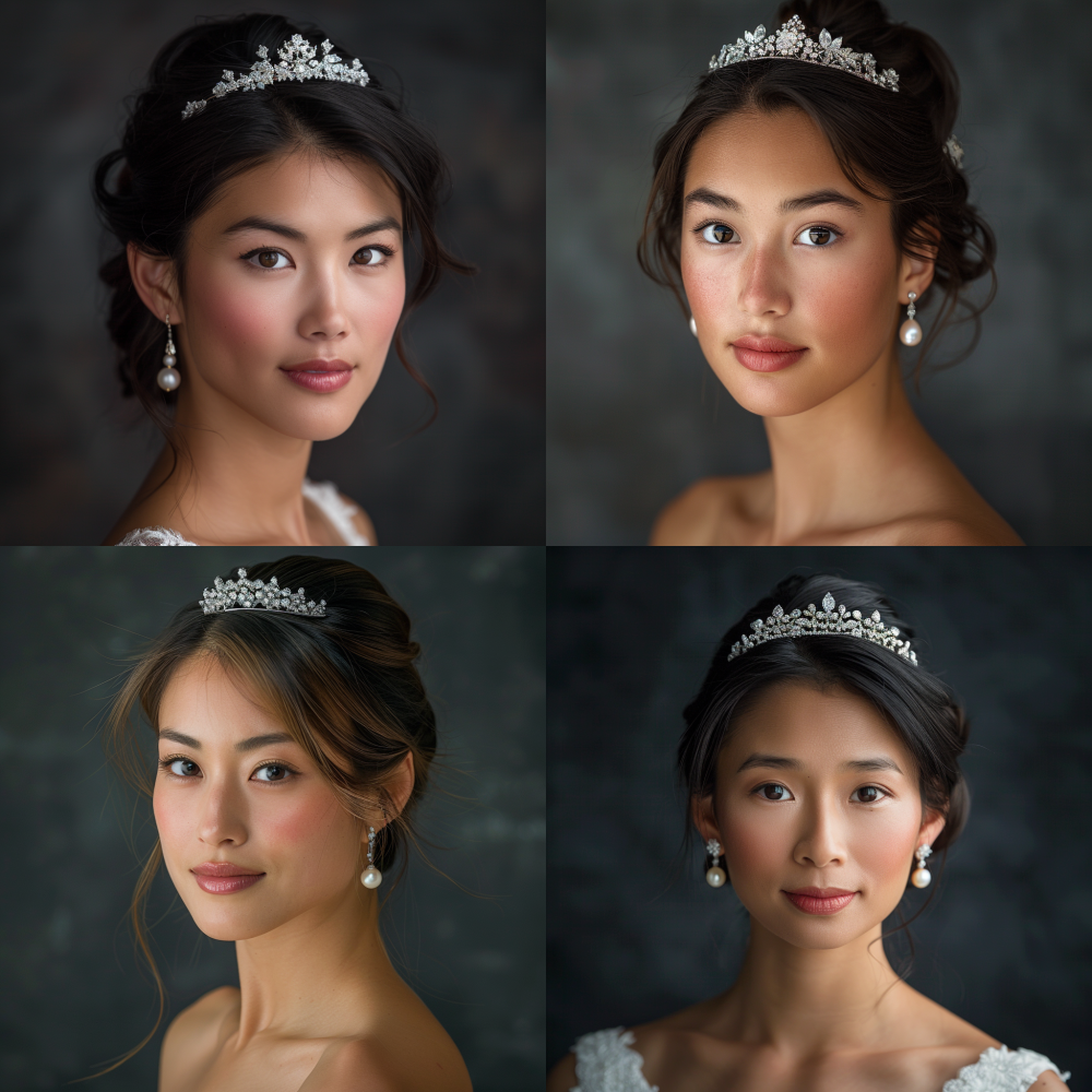 photograph of an elegant and beautiful woman of mixed Chinese and European Caucasian descent, ambiguous ethnicity, in her late 20s. She wears a single lustrous Akoya pearl earring and a delicate diamond tiara. Soft, dramatic studio lighting, Rembrandt lighting, against a rich, dark charcoal grey background. She has a subtle, confident smile, looking directly at the camera. Shot with a Hasselblad medium format camera, 85mm lens, hyper-detailed, sharp focus on the eyes and jewellery, cinematic, sense of high luxury and credibility.  --style raw  --ar 1:1  --v 6.0