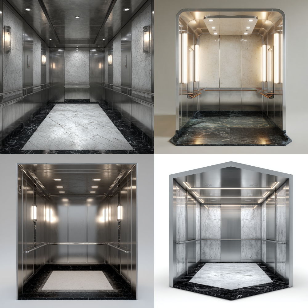 Design an elevator car with a hairline stainless steel top, tubular lights at the four corners, a hairline stainless steel front, two hairline stainless steel sides, and a black marble bottom