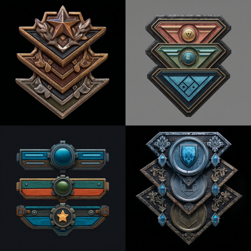 Level badge, one image containing three different level badge icons, game art style, with light and texture, simple lines, black clean background 3d