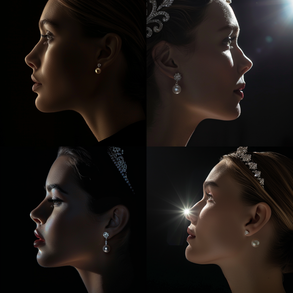 A powerful conceptual photo: a woman's face in profile, her jawline sharp and confident. A small luminous Akoya pearl is artfully placed where her earlobe would be, as if it's a natural extension of her beauty. The pearl is perfect size for her profile and naturally joint with the rest of the photo like she is really wearing it. An exquisite diamand Tiara is elegantly positioned on her head. The background is a deep, moody black. A single spotlight highlights the pearl and her skin, creating a stunning contrast. Modern, bold, and empowering. Perfect for an Instagram profile that tells a story of individuality and unique beauty.  --ar 1:1  --v 6.0