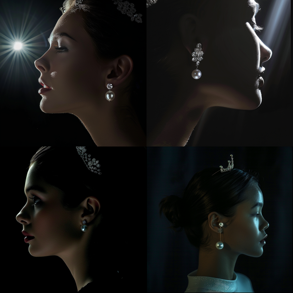 A powerful conceptual photo: a woman's face in profile, her jawline sharp and confident. A small luminous Akoya pearl is artfully placed where her earlobe would be, as if it's a natural extension of her beauty. The pearl is perfect size for her profile and naturally joint with the rest of the photo like she is really wearing it. A elegant diamand Tiara is positioned on her head. The background is a deep, moody black. A single spotlight highlights the pearl and her skin, creating a stunning contrast. Modern, bold, and empowering. Perfect for an Instagram profile that tells a story of individuality and unique beauty. --ar 1:1 --v 6.0